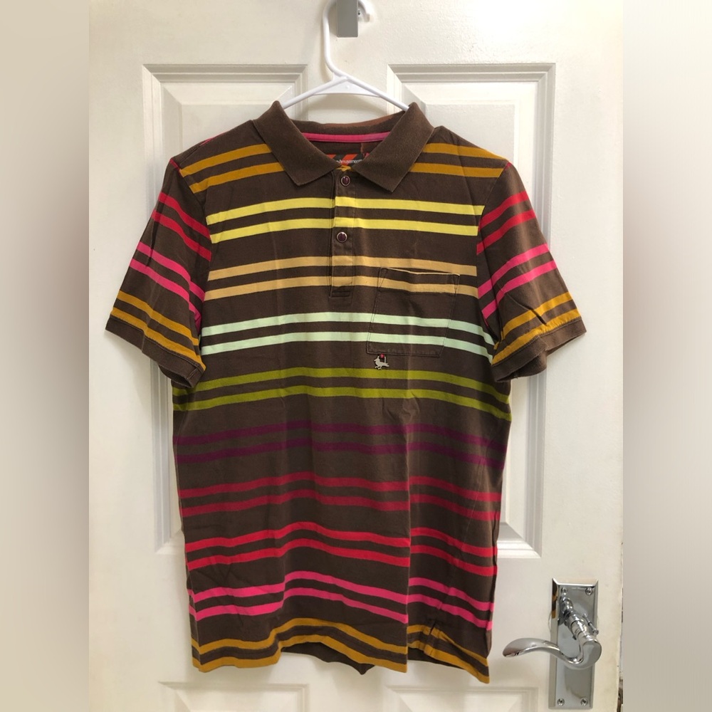Modern Amusement Multicolor Brown Polo Shirt sz.M charm and embroidery Snaps.